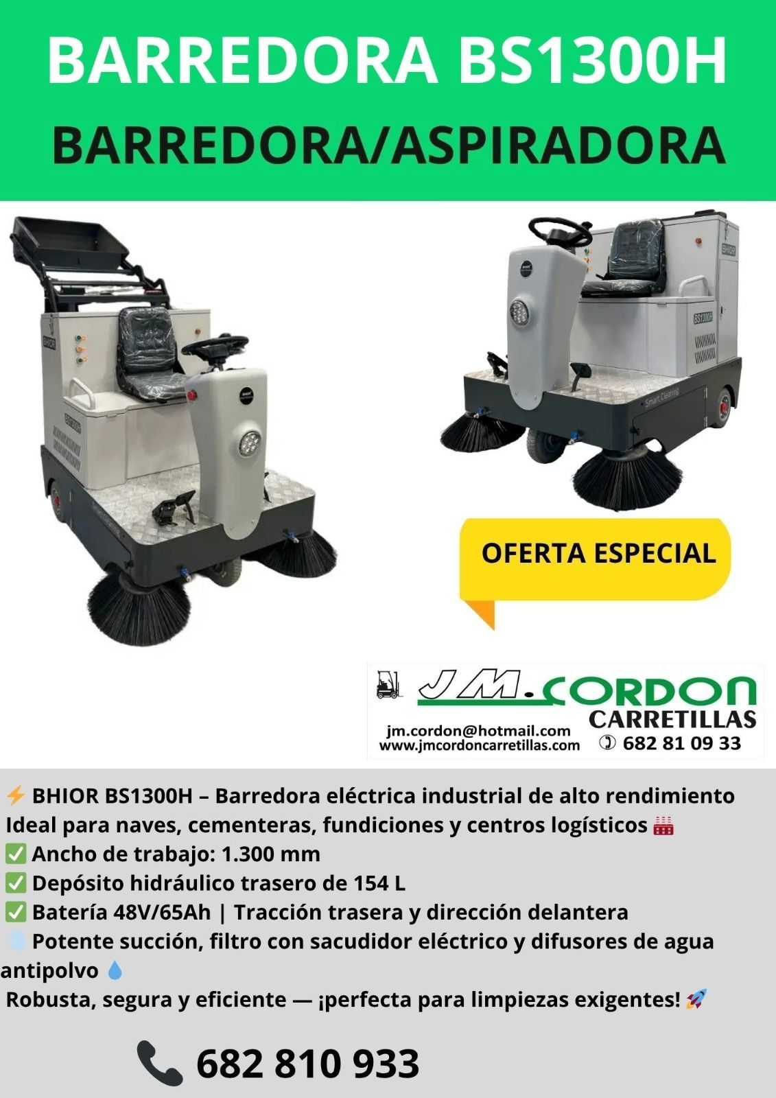 Anuncio de la barredora/aspiradora BS1300H. Muestra la máquina, menciona características como el ancho, el tanque hidráulico y una oferta especial.