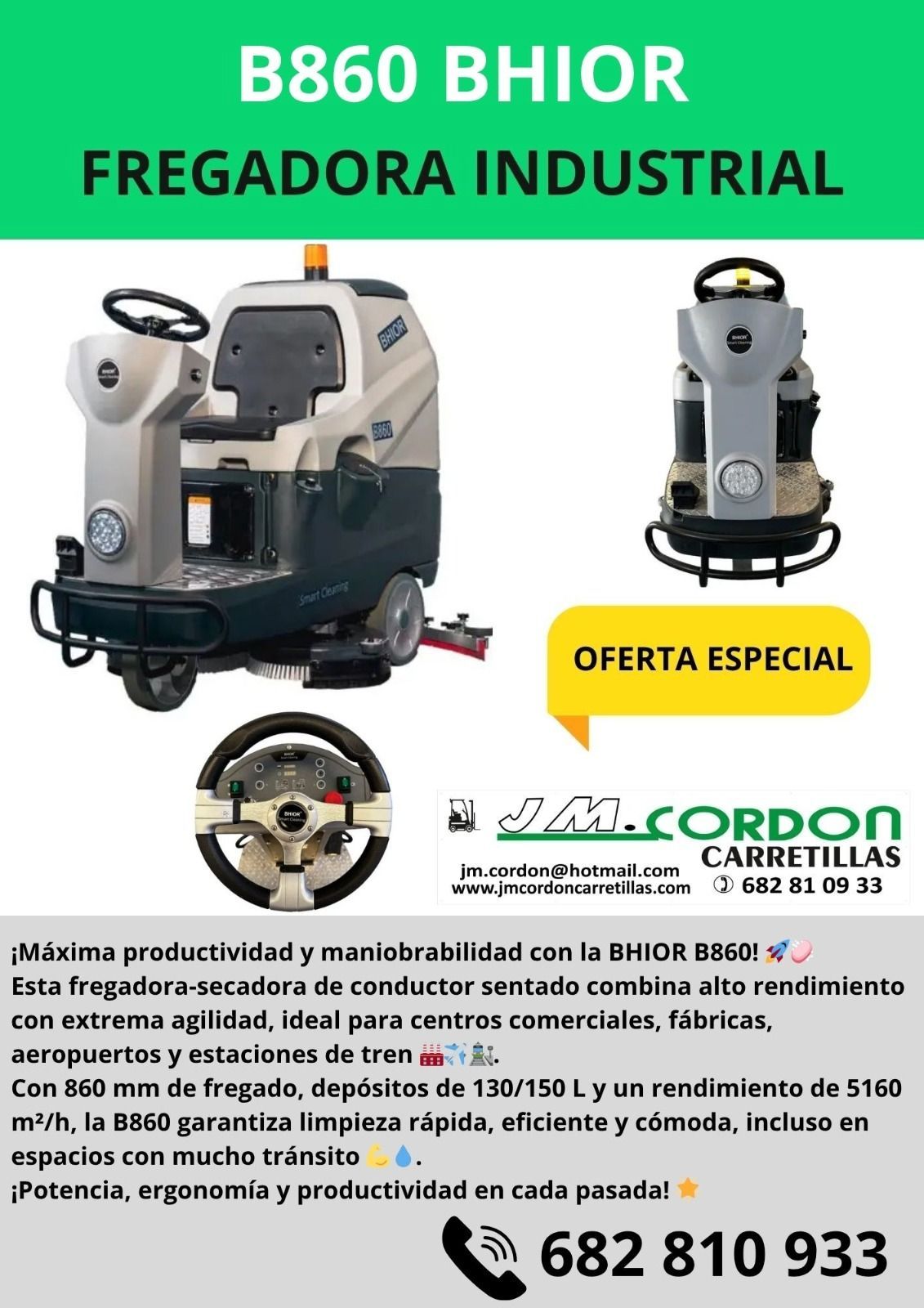 Anuncio de una barredora/aspiradora industrial BS1400. Muestra la máquina con una insignia de 