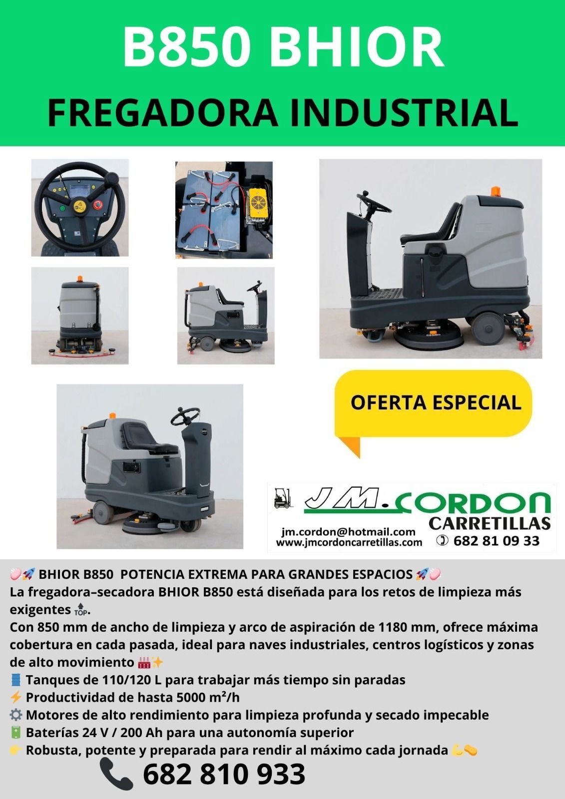 Anuncio de una barredora/aspiradora industrial BS1400. Muestra la máquina con una insignia de 