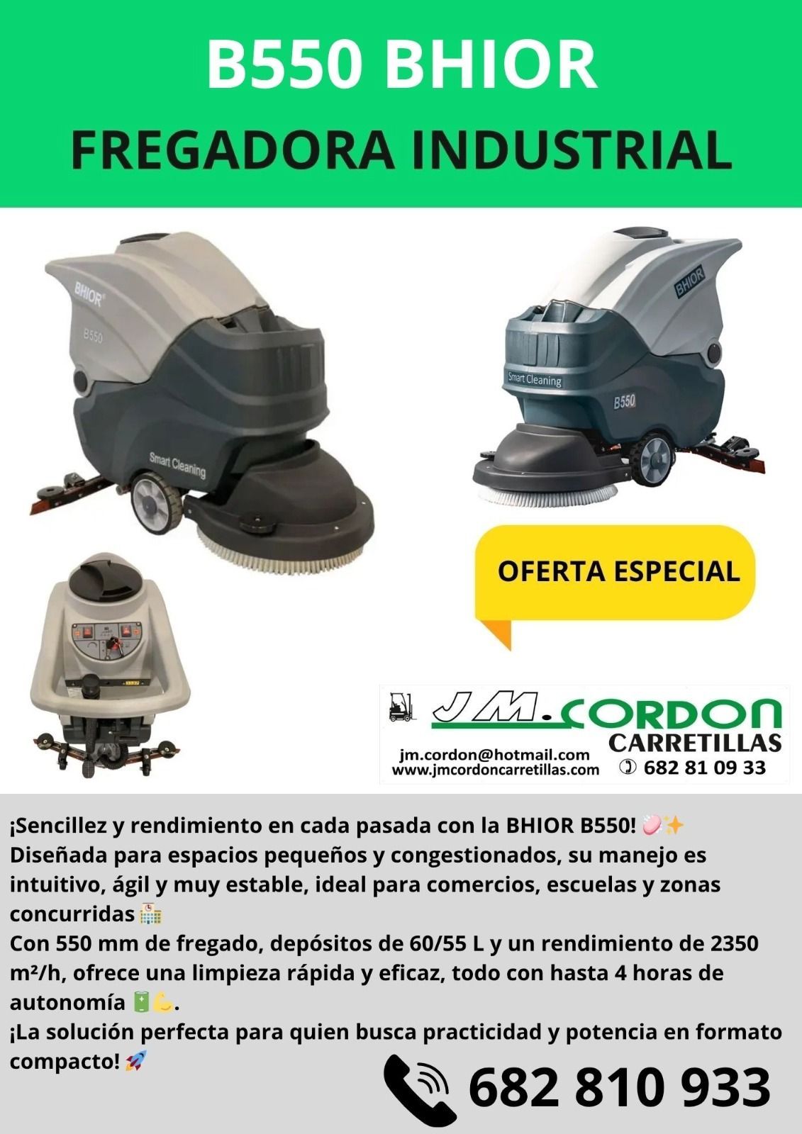 Anuncio de la barredora/aspiradora BS1300H. Muestra la máquina, menciona características como el ancho, el tanque hidráulico y una oferta especial.