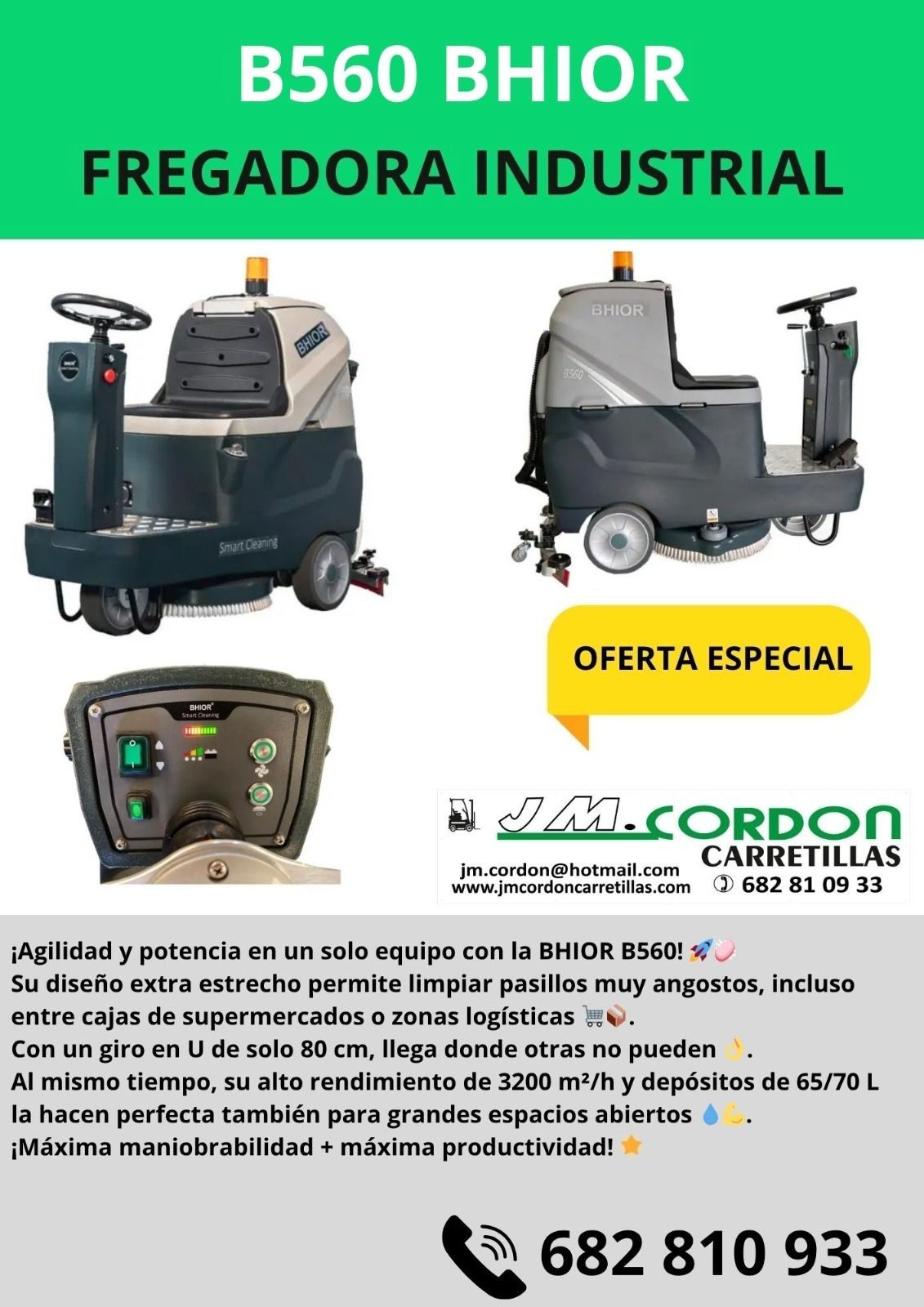 Anuncio de una barredora/aspiradora industrial BS1400. Muestra la máquina con una insignia de 