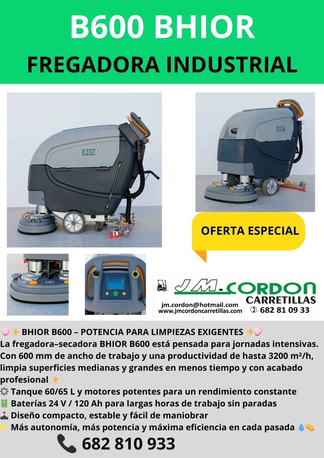 Anuncio de una barredora/aspiradora industrial BS1400. Muestra la máquina con una insignia de 