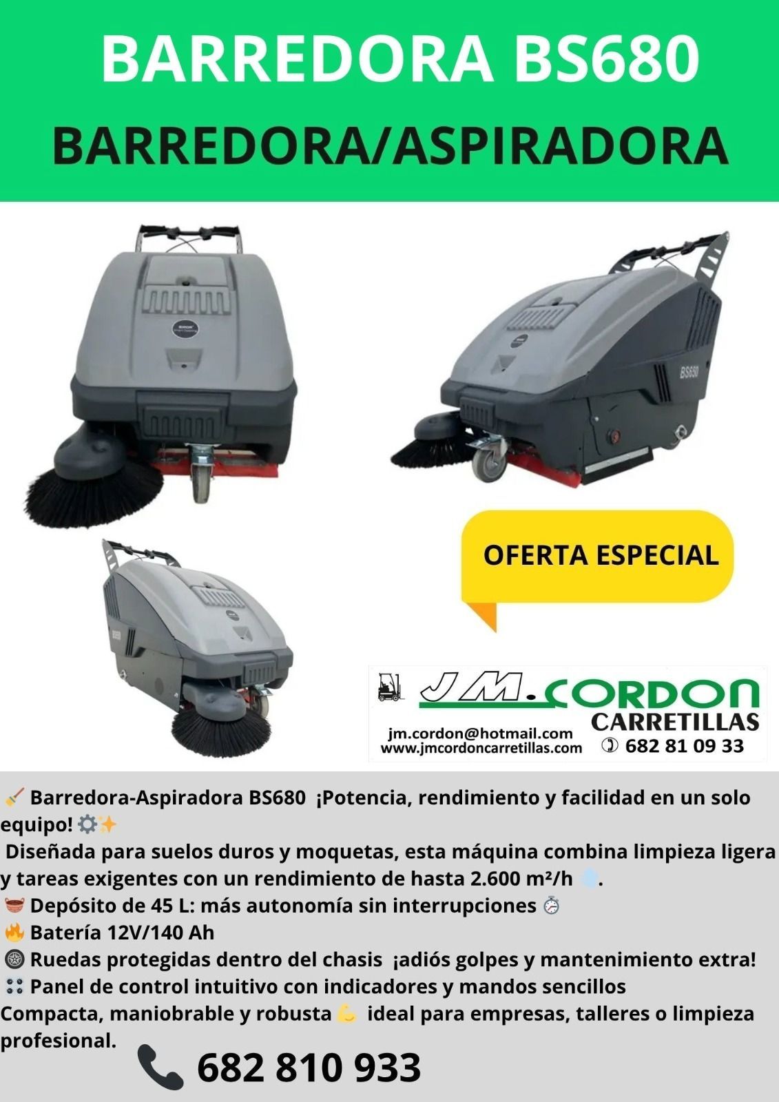 Anuncio de una barredora/aspiradora BS680. Presenta la máquina desde tres ángulos diferentes.