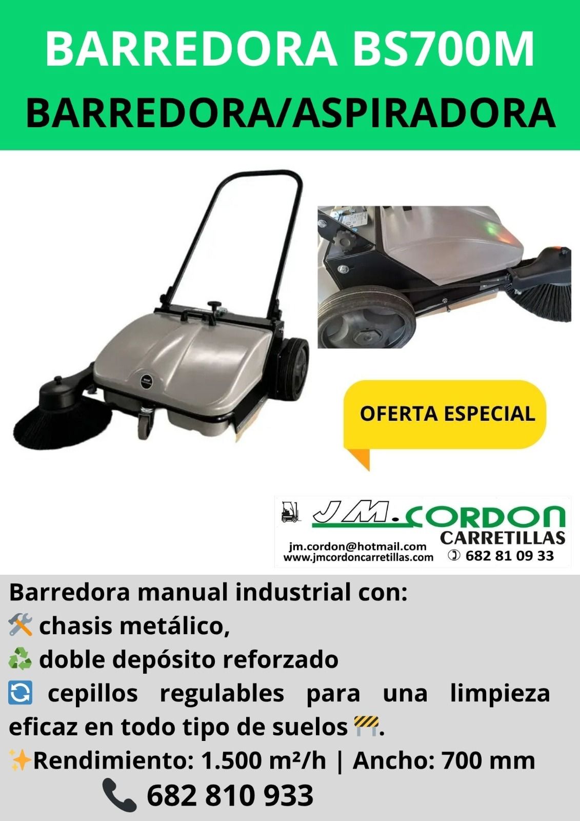 Barredora manual industrial, cuerpo gris, con texto: 