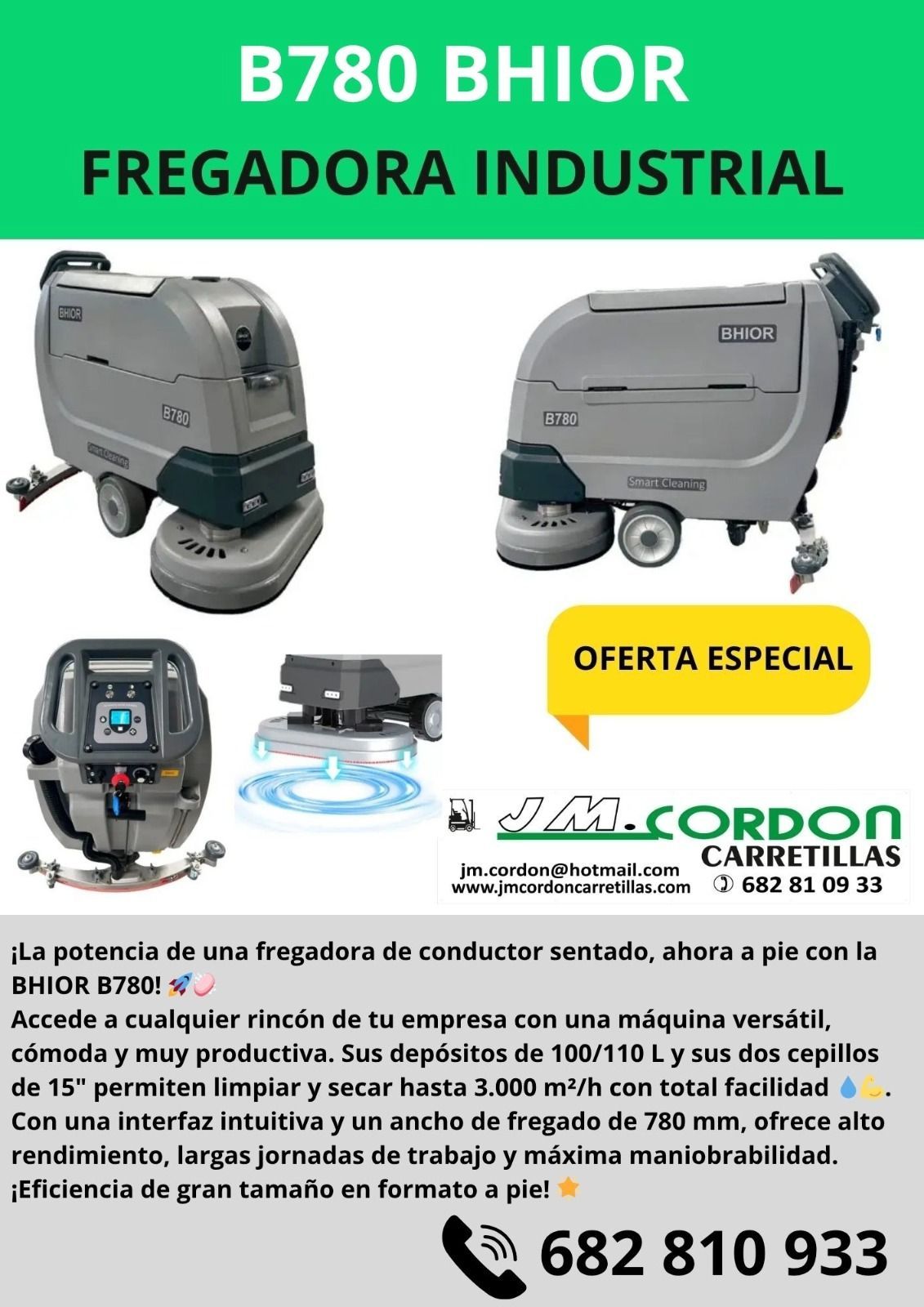 Anuncio de una barredora/aspiradora industrial BS1400. Muestra la máquina con una insignia de 