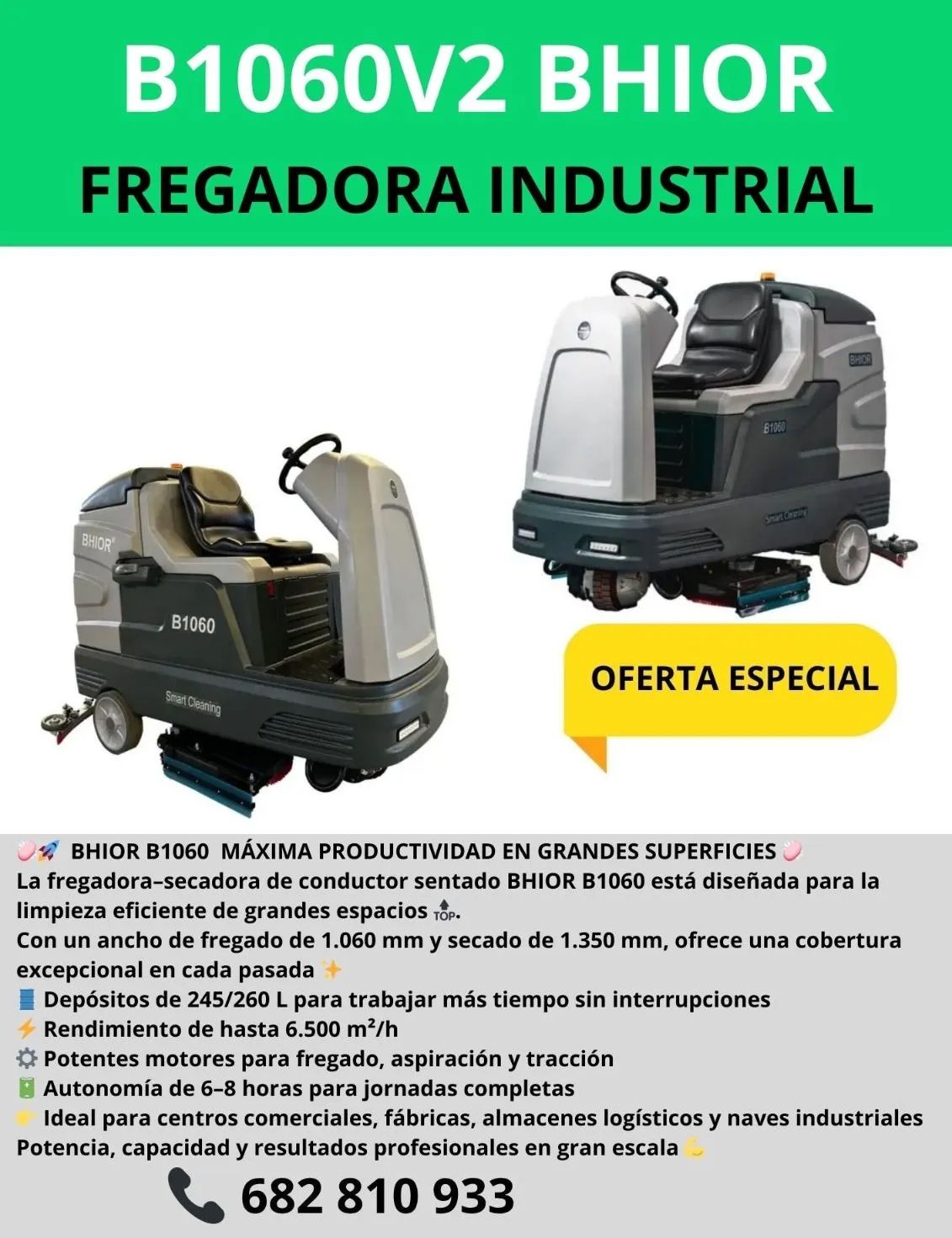 Anuncio de una fregadora de suelos industrial B1060V2 BHIOR, con fotografía de la máquina e información de contacto.