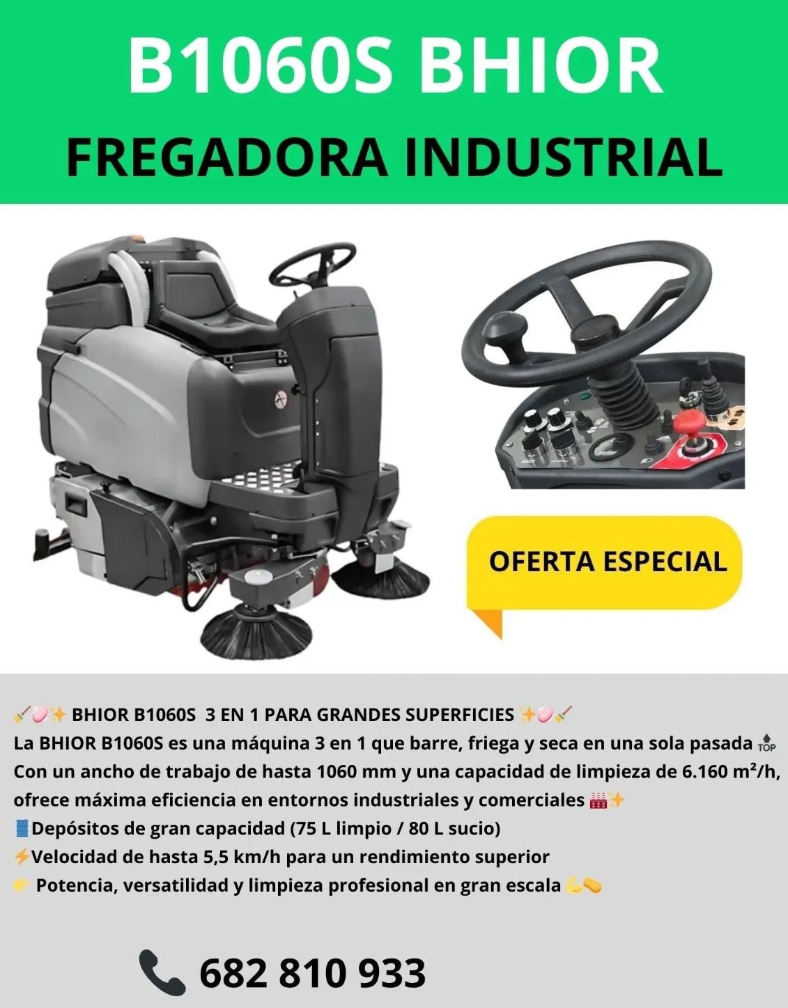 Folleto de la barredora/aspiradora BS680P. Muestra tres vistas de la máquina, con texto que destaca sus características y un número de contacto.