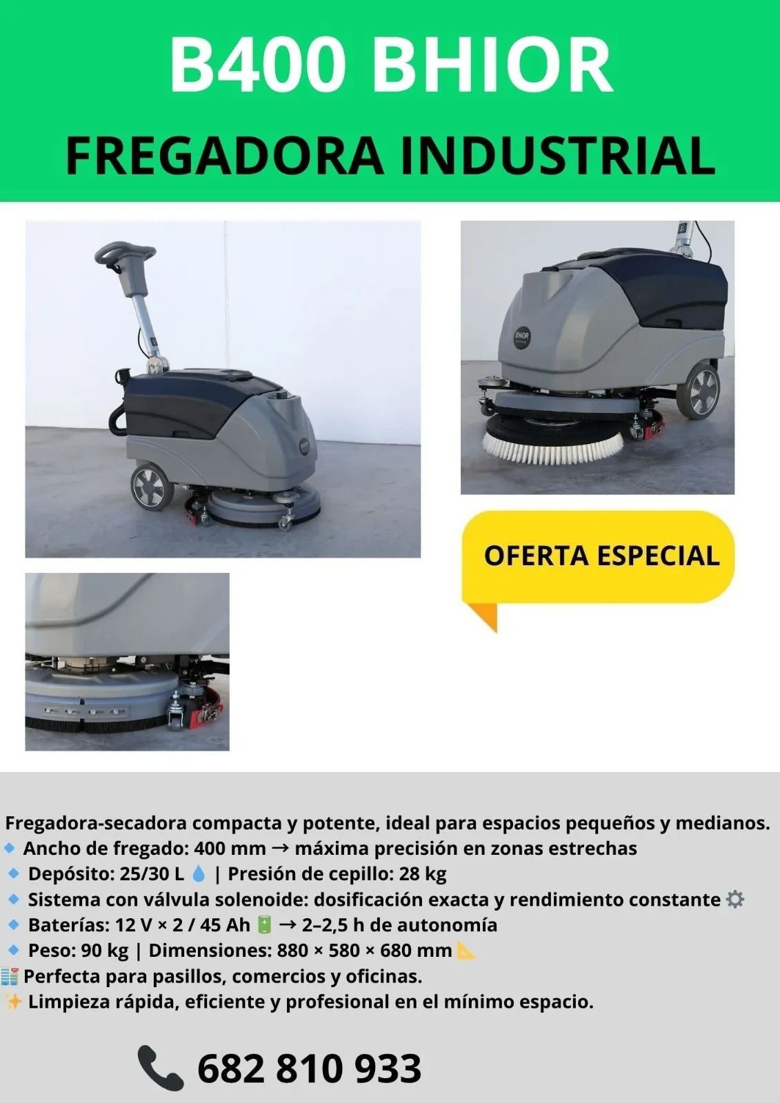 Barredora manual industrial, cuerpo gris, con texto: 