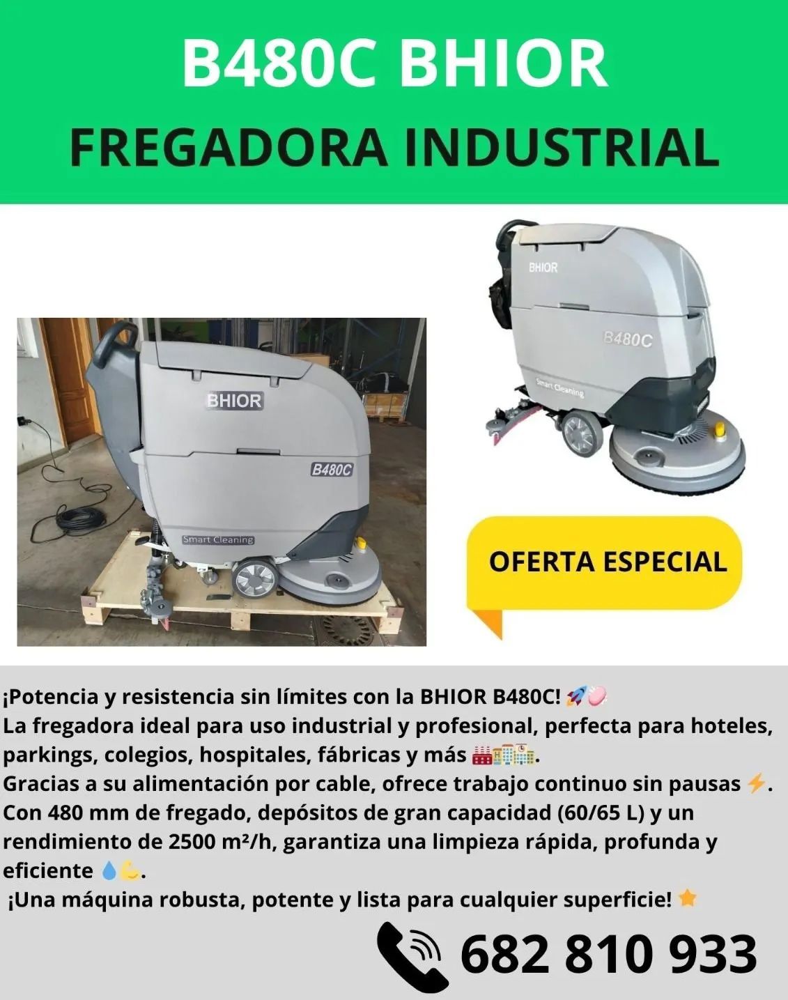 Anuncio de una barredora industrial BS850, con fotos de la máquina y datos de contacto.
