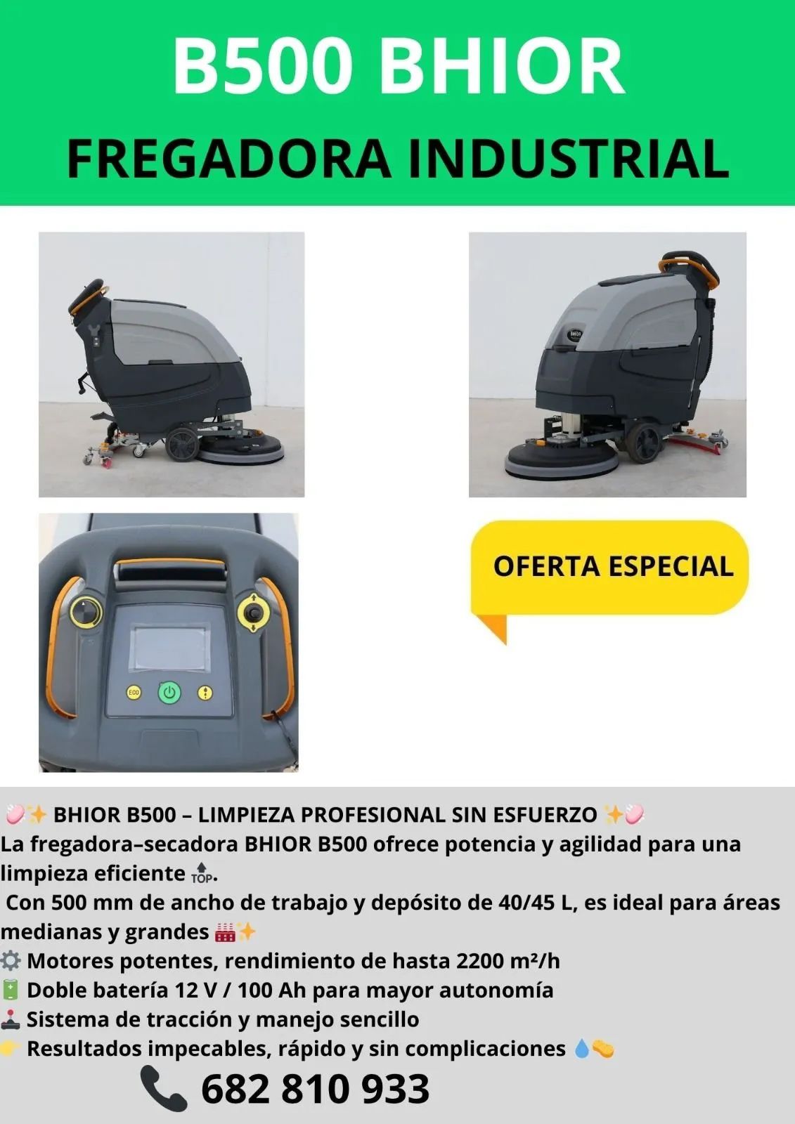 Anuncio de una barredora BS880 BHIOR. Incluye especificaciones, foto y una insignia de 