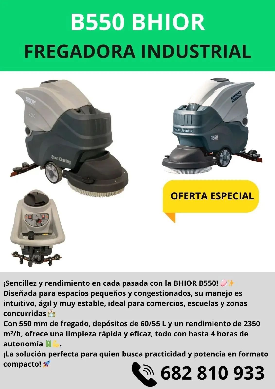 Anuncio de la barredora/aspiradora BS1300H. Muestra la máquina, menciona características como el ancho, el tanque hidráulico y una oferta especial.