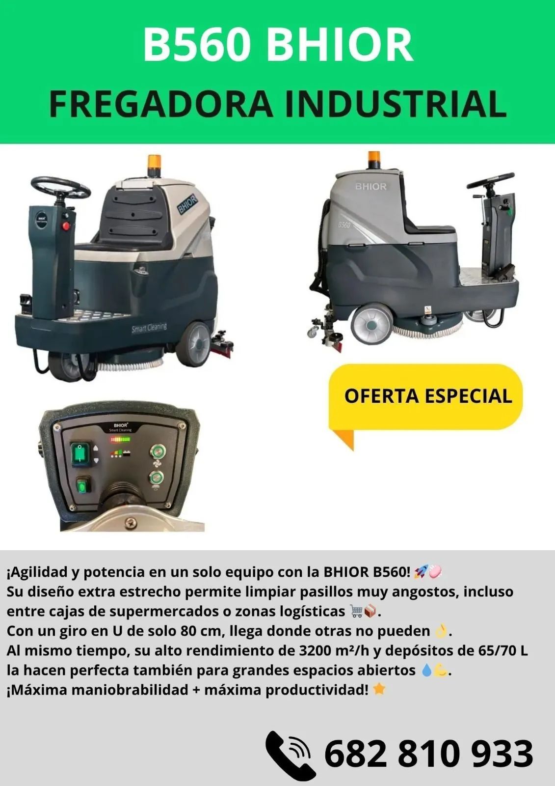 Anuncio de una barredora/aspiradora industrial BS1400. Muestra la máquina con una insignia de 