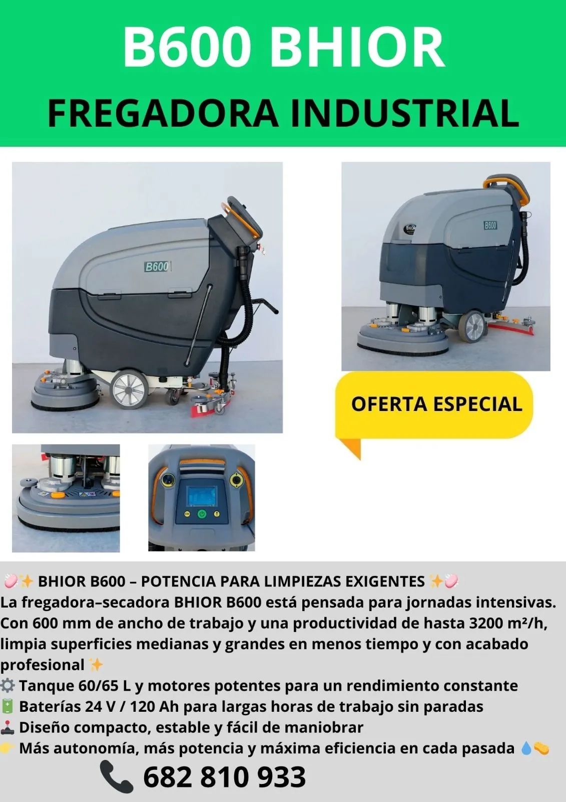 Anuncio de una barredora/aspiradora industrial BS1400. Muestra la máquina con una insignia de 