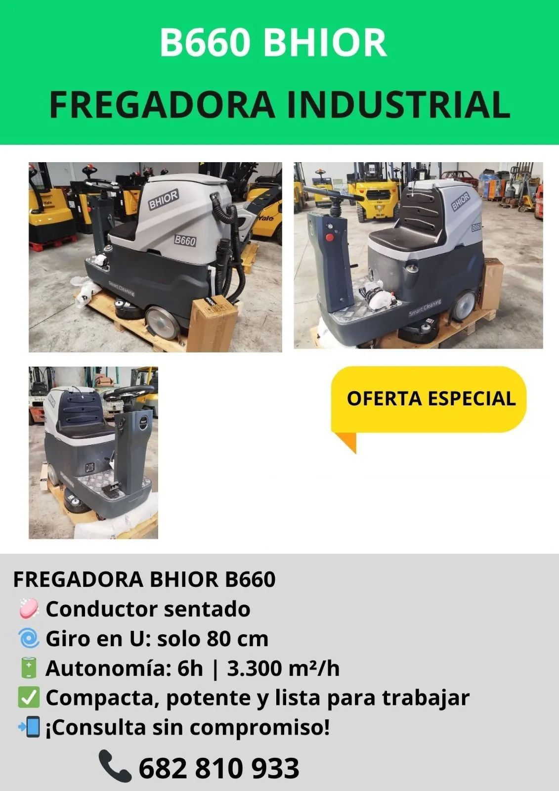 Anuncio de una barredora/aspiradora industrial BS1400. Muestra la máquina con una insignia de 