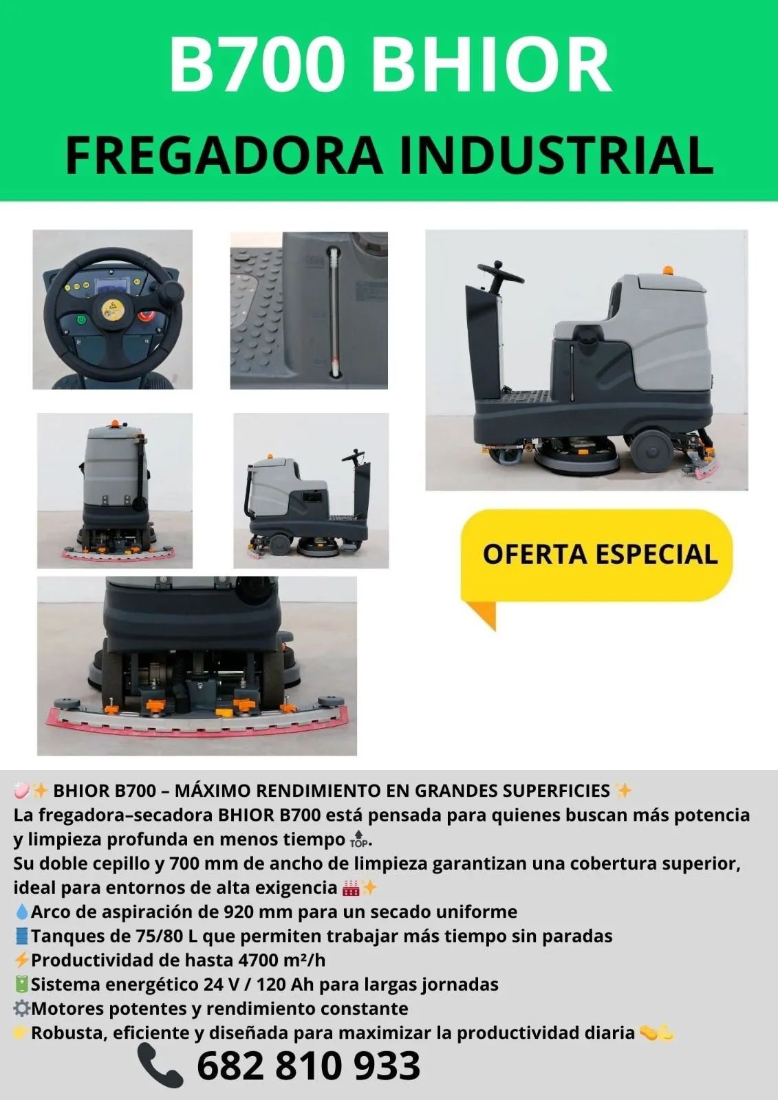 Anuncio de una barredora/aspiradora industrial BS1400. Muestra la máquina con una insignia de 