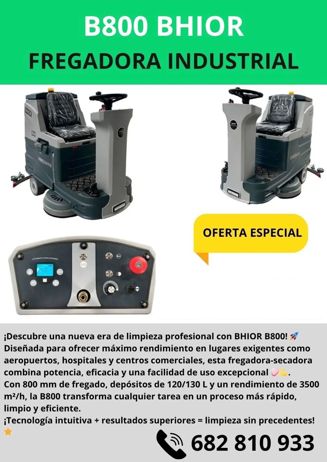 Anuncio de una barredora/aspiradora industrial BS1400. Muestra la máquina con una insignia de 