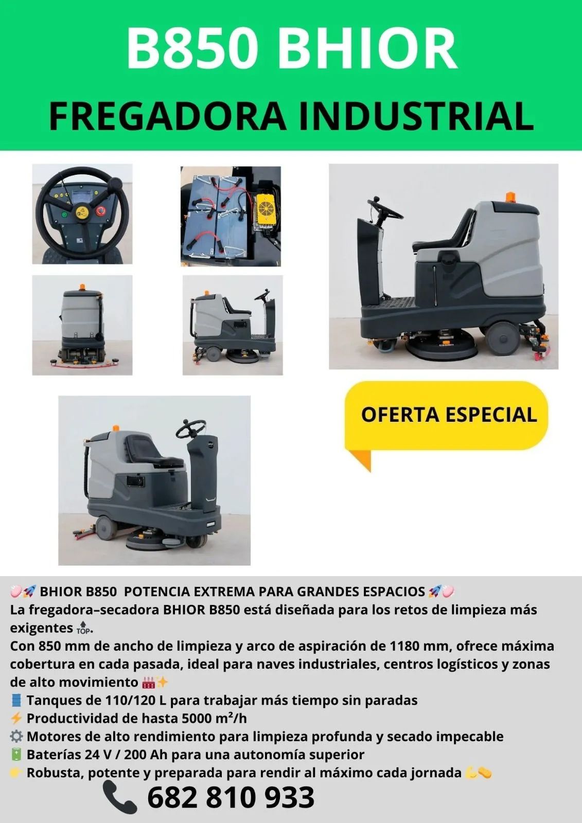 Anuncio de una barredora/aspiradora industrial BS1400. Muestra la máquina con una insignia de 