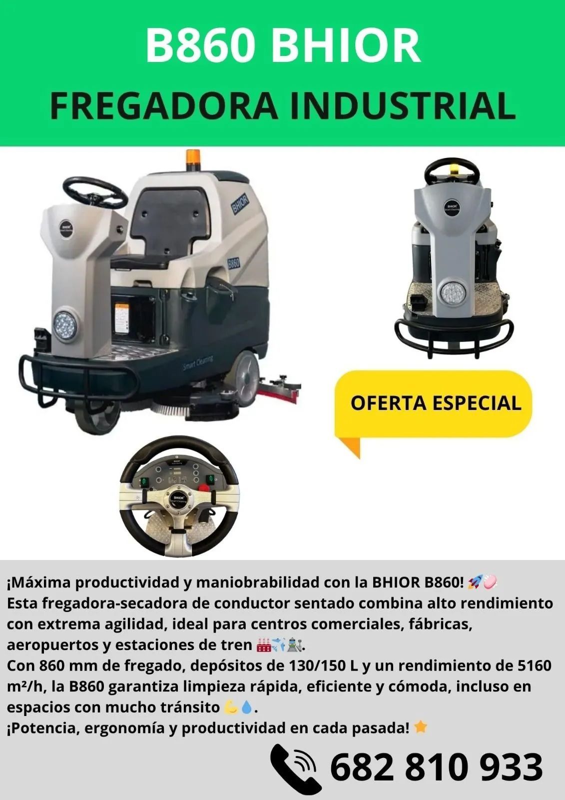 Anuncio de una barredora/aspiradora industrial BS1400. Muestra la máquina con una insignia de 