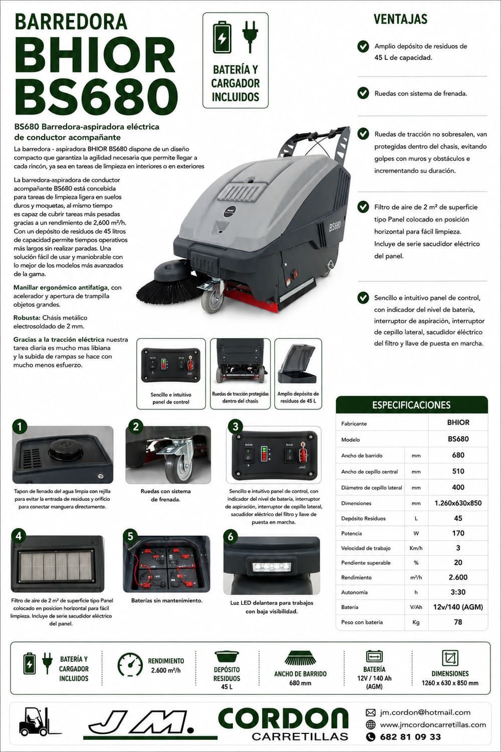 Folleto de Barredra BHORD B600 que muestra una fregadora de suelos autopropulsada de color gris con iconos de características y especificaciones.