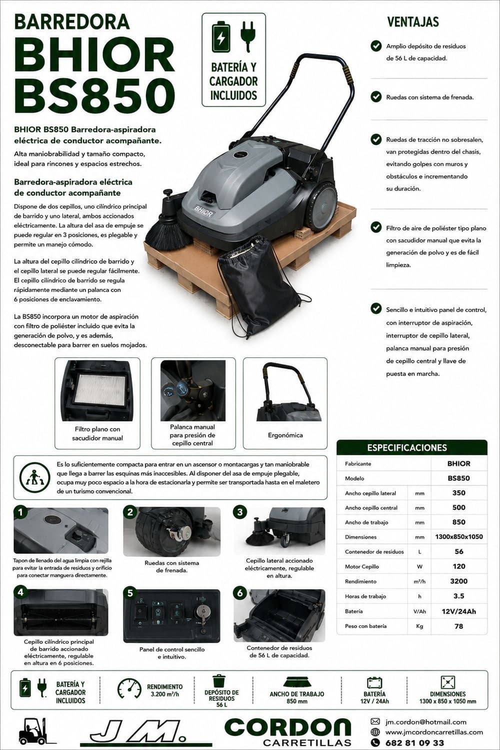 Ficha técnica del cortacésped inalámbrico BRODER BHIOR BS850 con modelo negro y características destacadas.