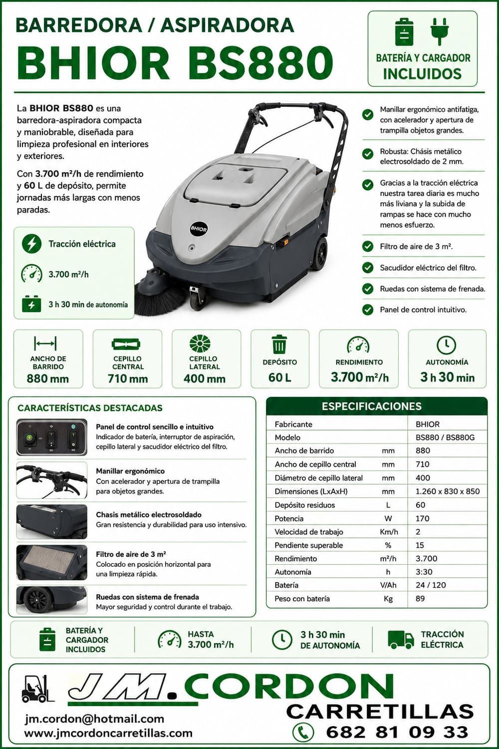 Cartel promocional de la barredora/aspiradora BHIOR BS880, en blanco y verde, con especificaciones técnicas.