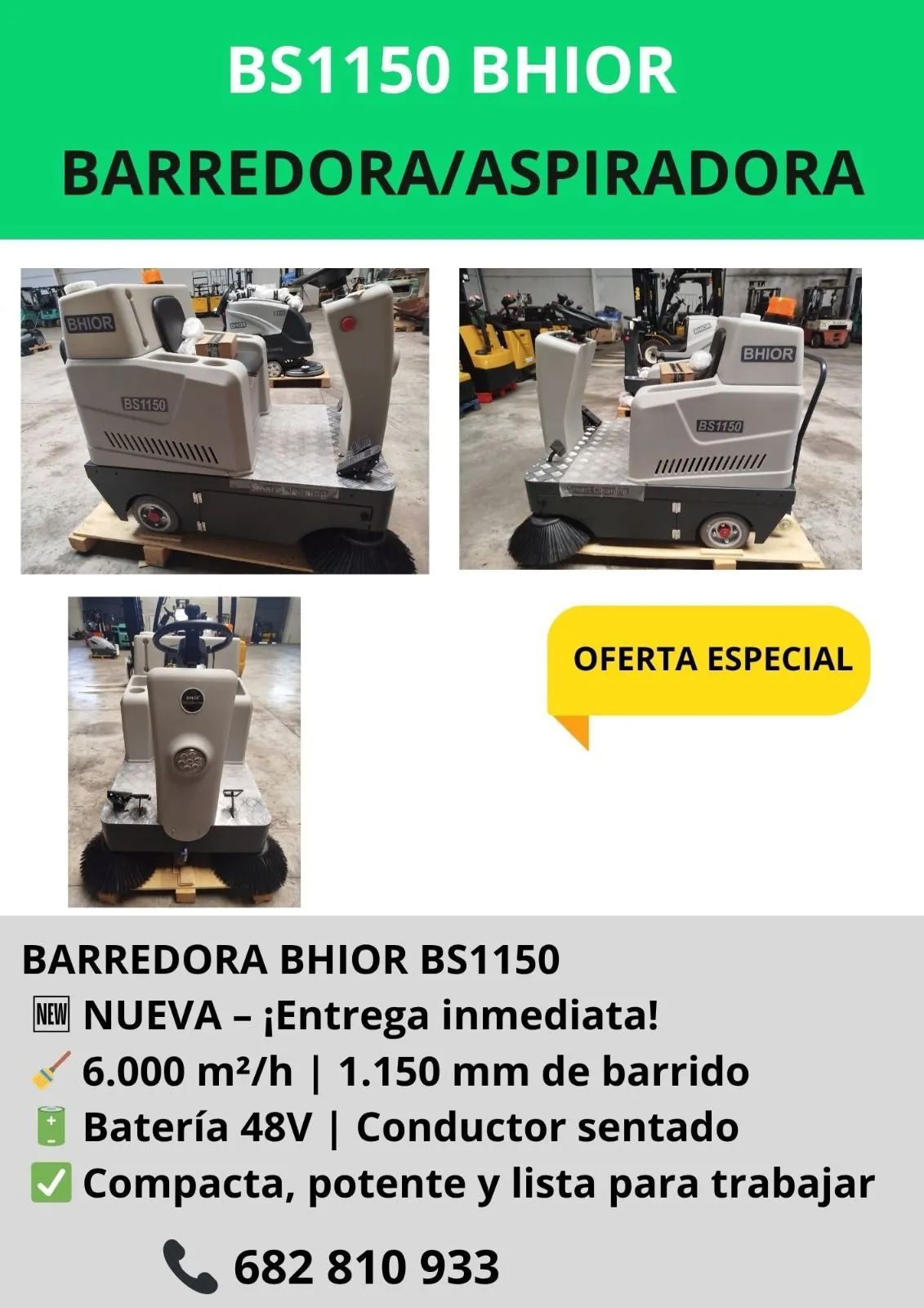 Anuncio de una barredora/aspiradora BHIOR BS1150. Es nueva, compacta, potente y lista para usar. Con batería de 48 V y conductor sentado.