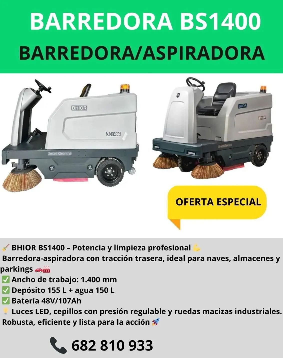 Anuncio de una barredora/aspiradora industrial BS1400. Muestra la máquina con una insignia de 