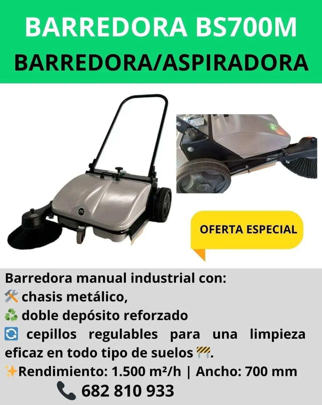 Barredora manual industrial, cuerpo gris, con texto: 