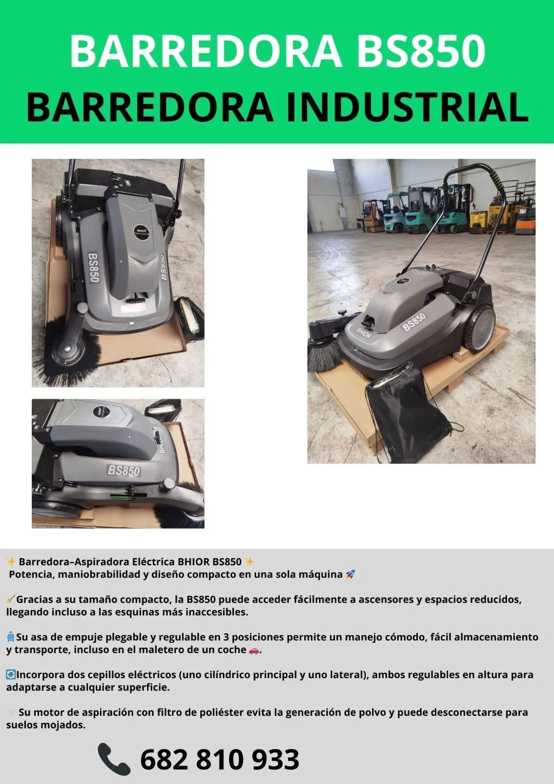 Anuncio de una barredora industrial BS850, con fotos de la máquina y datos de contacto.