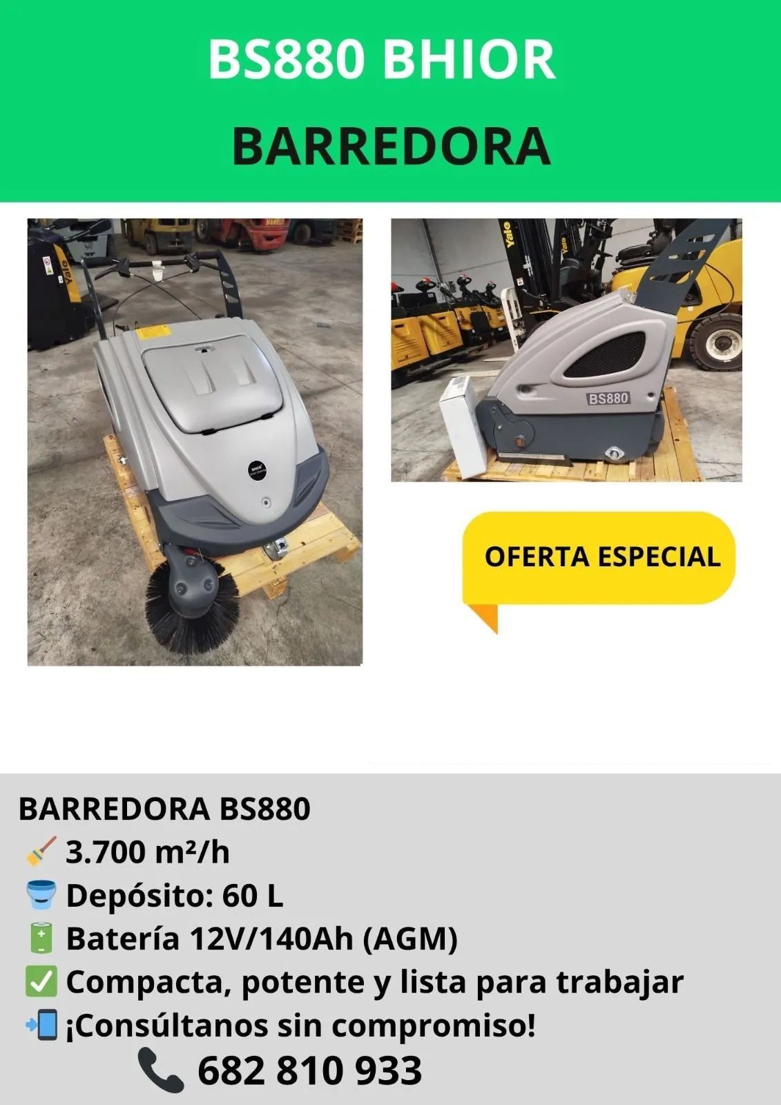 Anuncio de una barredora BS880 BHIOR. Incluye especificaciones, foto y una insignia de 