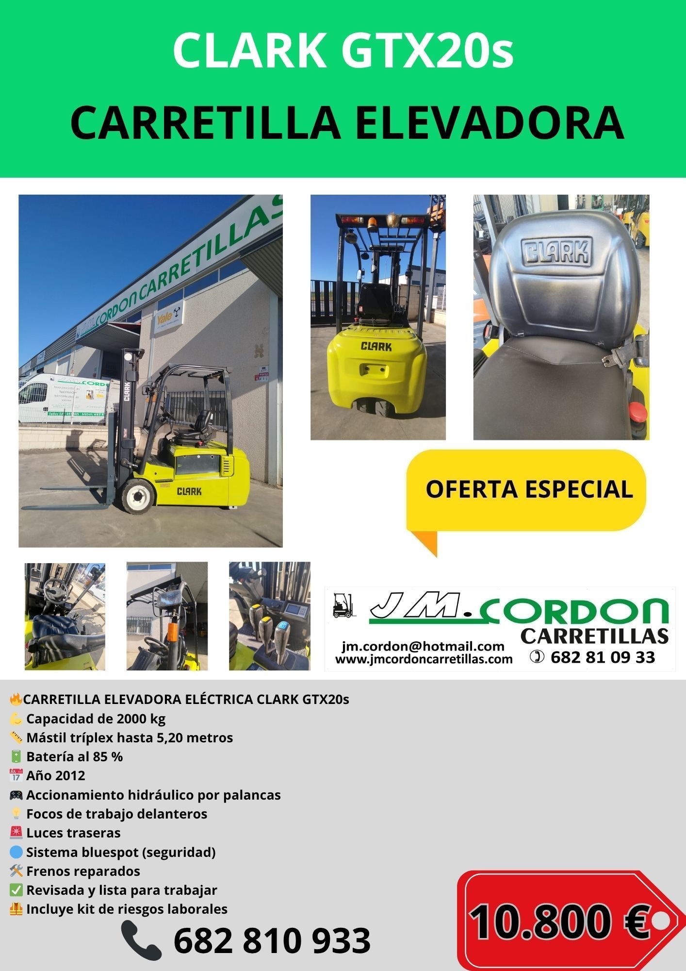 JM Cordon vende una carretilla elevadora eléctrica Clark GTX20s de color amarillo por 10.800 euros, con diferentes vistas y especificaciones.
