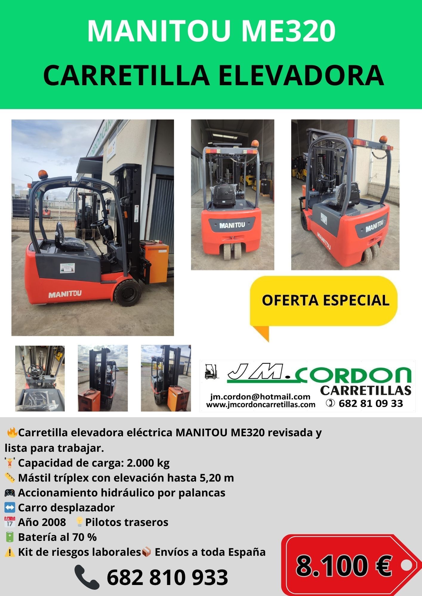 Folleto informativo de venta de una carretilla elevadora eléctrica Manitou ME320 reacondicionada por 8.100 euros, con fotos e información de contacto.