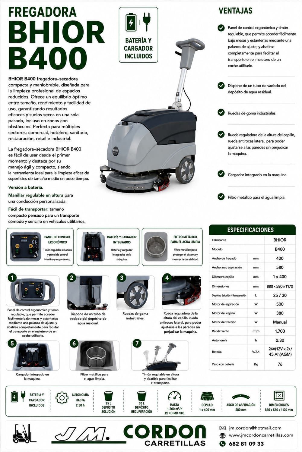Folleto informativo del producto BHOR B400, que incluye especificaciones, características y fotografías de los detalles de la máquina.