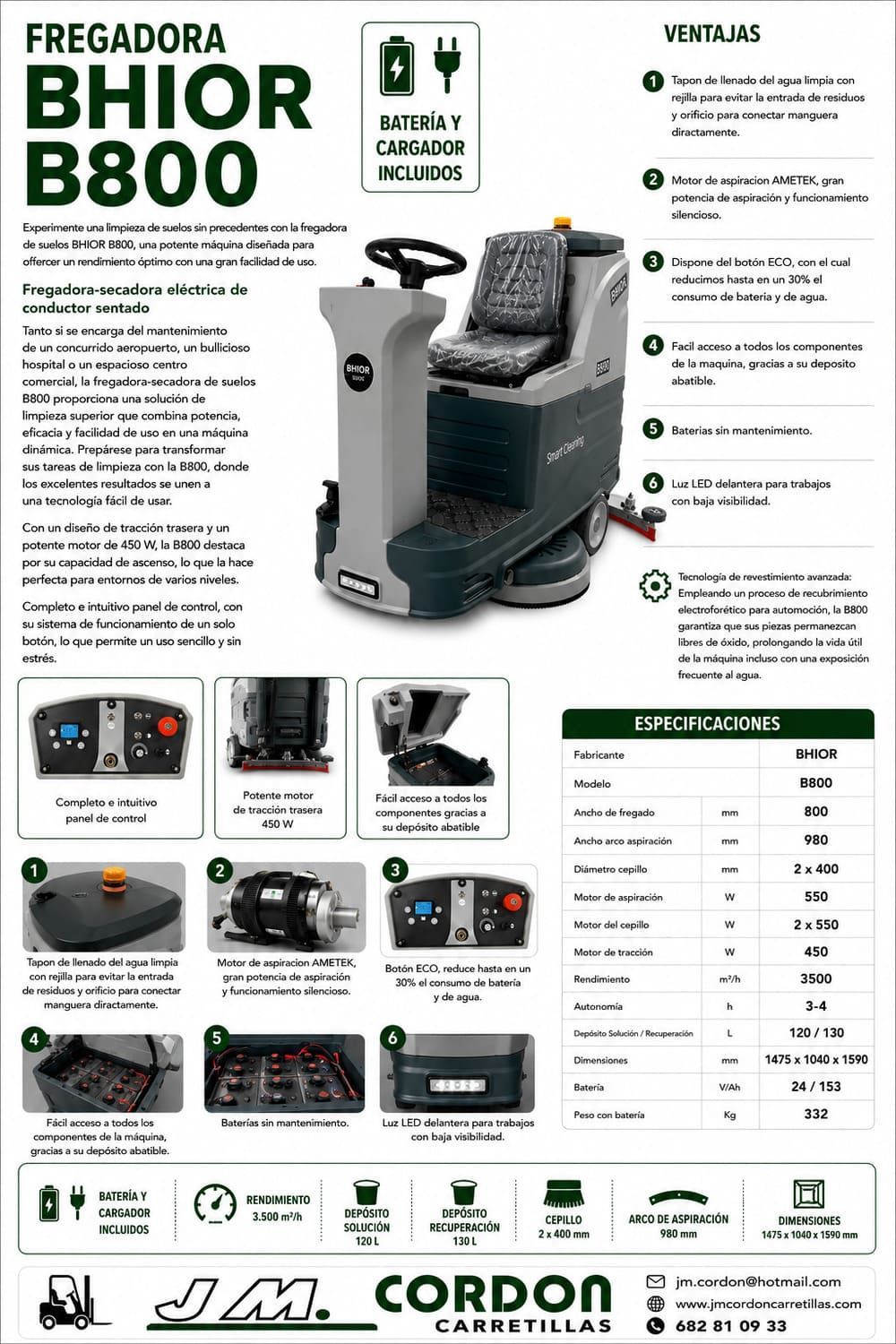 Folleto informativo del producto BHOR B800, fregador de suelos, con fotos de la máquina, características y especificaciones sobre un fondo blanco.