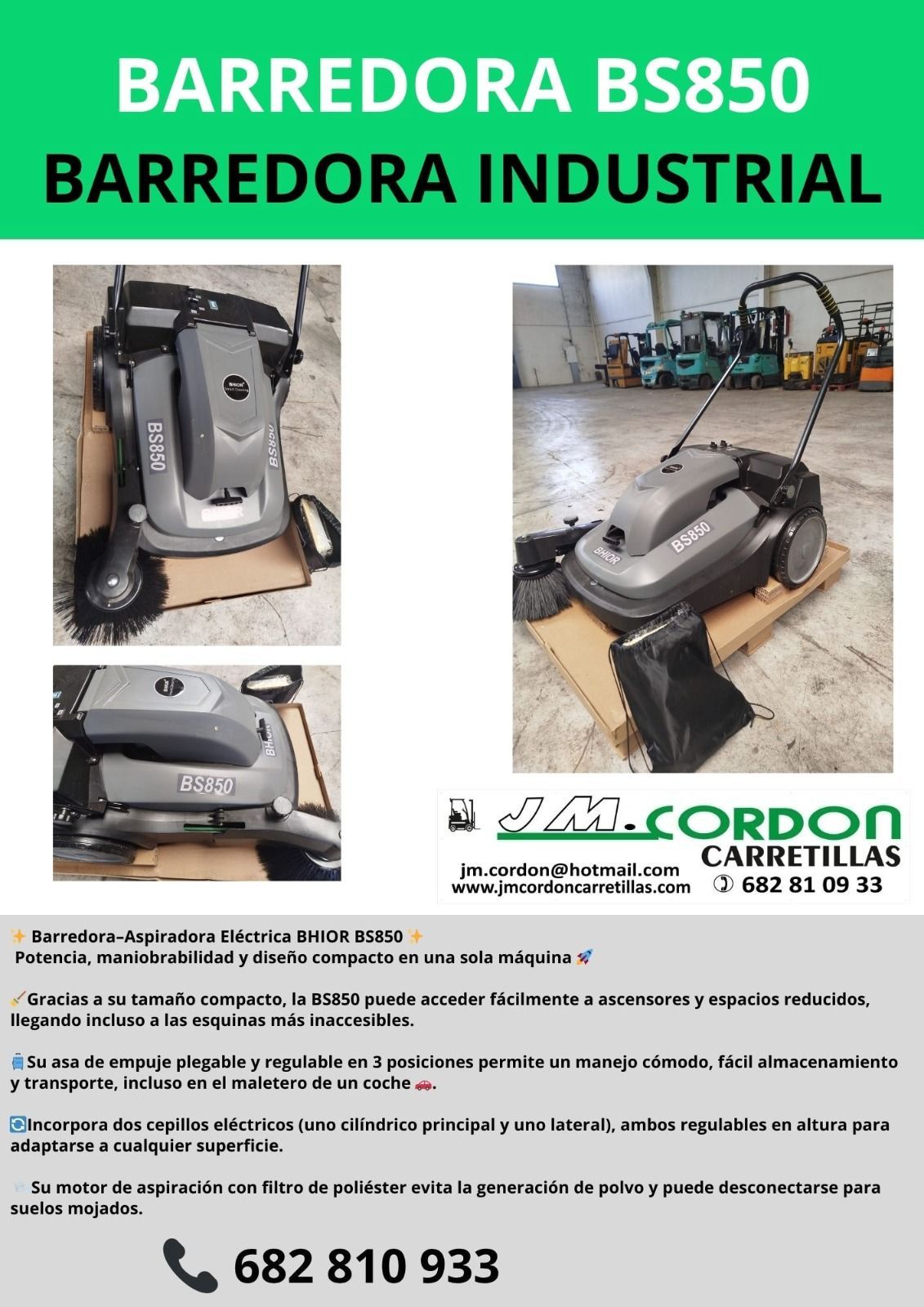 Anuncio de una barredora industrial BS850, con fotos de la máquina y datos de contacto.