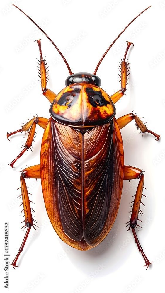 Blatte brune aux longues antennes et pattes, ailes détaillées, marques orange et noires.