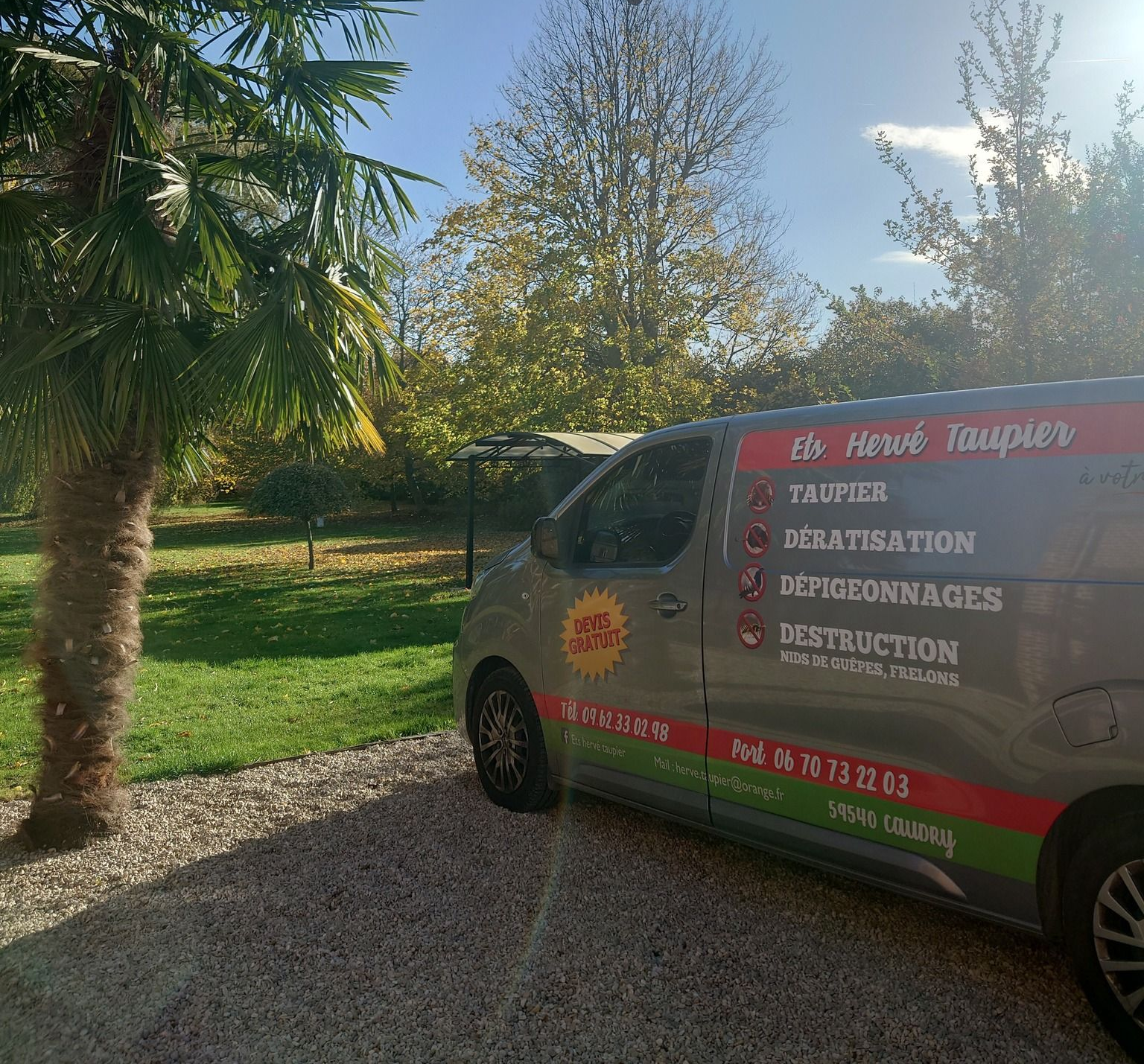Une camionnette grise est garée sur du gravier dans une cour ; un palmier et d'autres végétaux se trouvent à proximité.
