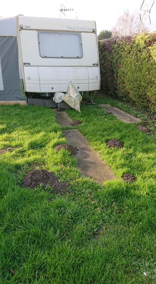 Caravane blanche garée sur l'herbe, à côté d'une haie, avec des allées en béton y menant.