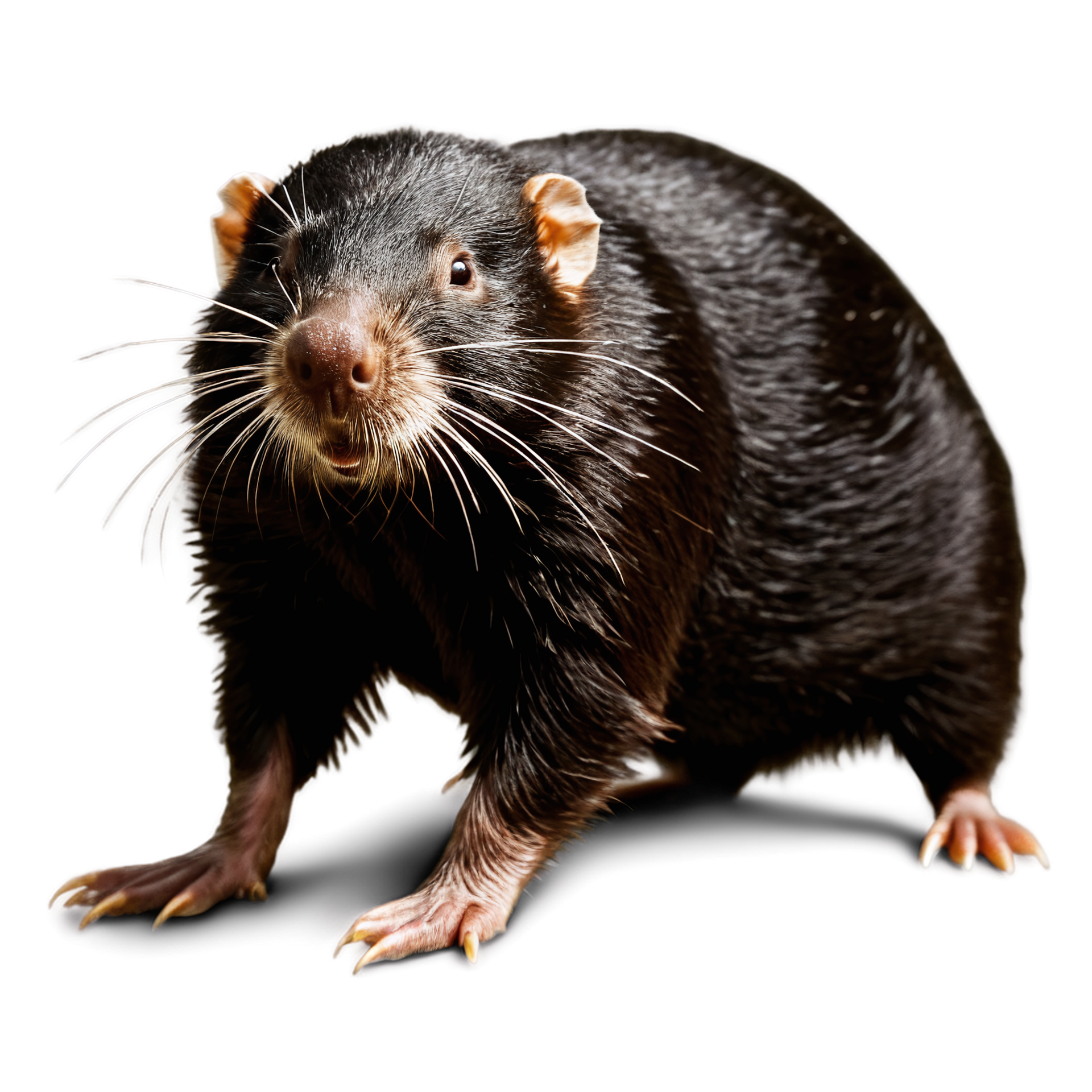 Opossum d'eau noir au nez rougeâtre et aux moustaches blanches.