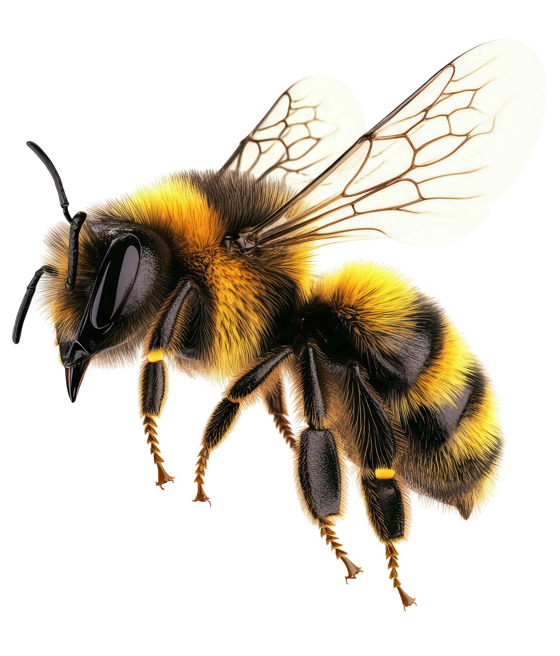 Bourdon en vol, avec un corps rayé noir et jaune et des ailes translucides.