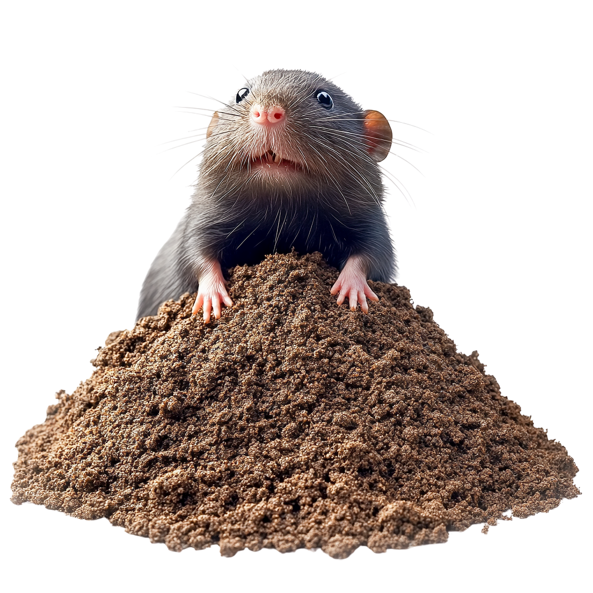 Un petit rat qui jette un coup d'œil par-dessus un tas de terre brune.