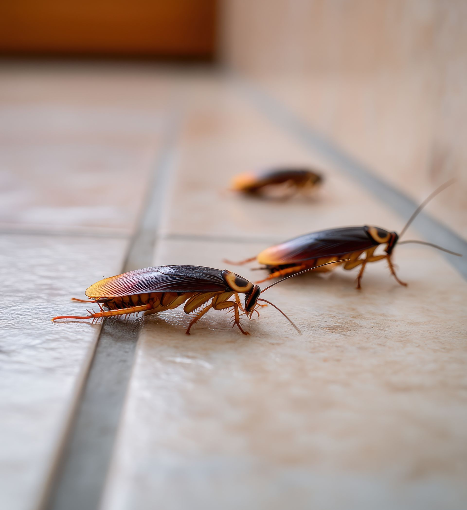 Des cafards sur un sol carrelé. Deux sont au premier plan, l'un brun et l'autre noir, avec de longues antennes.