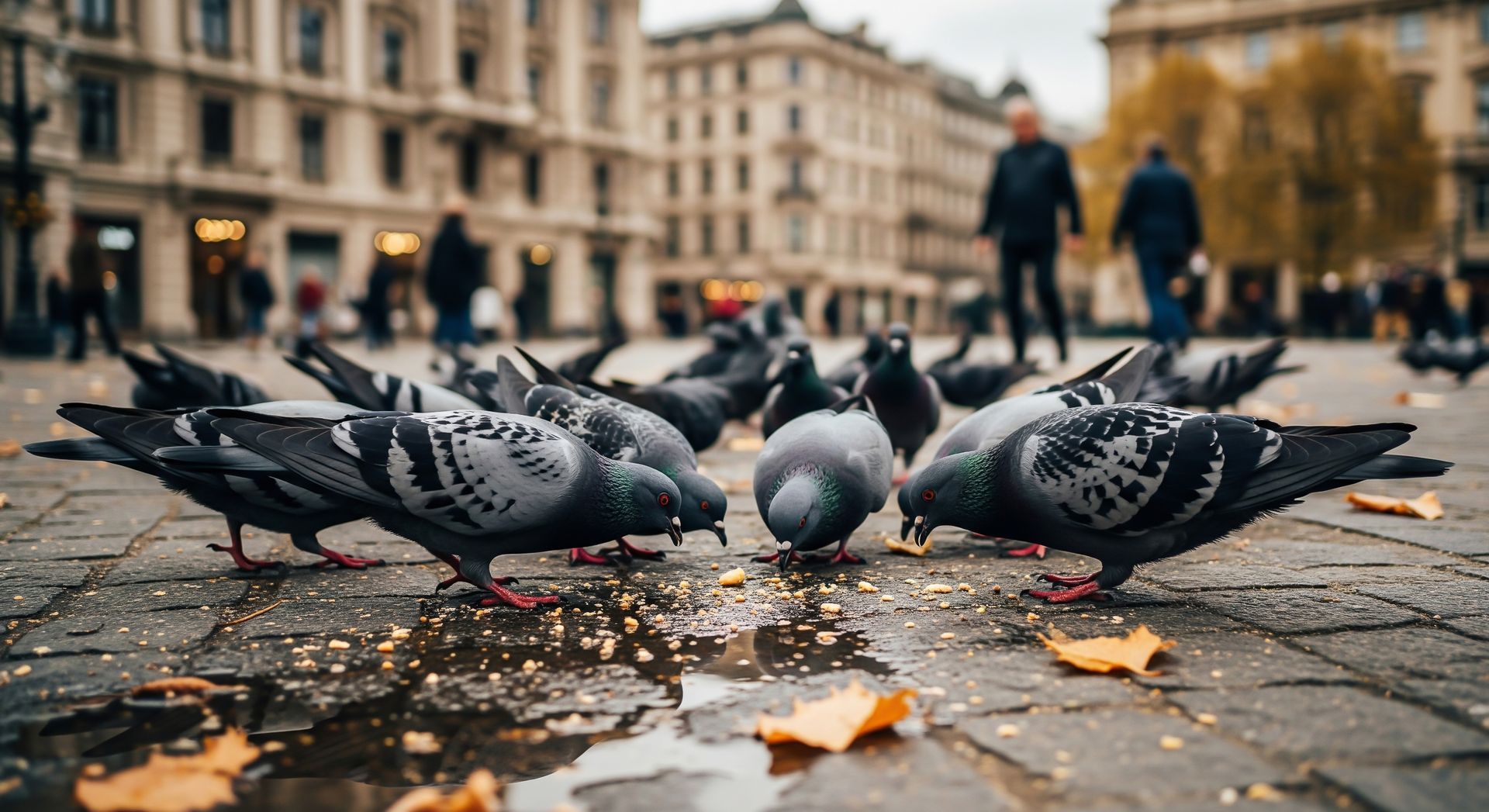 Un groupe de pigeons picorant des graines sur des pavés humides d'une place de ville, avec des personnes et des bâtiments en arrière-plan.
