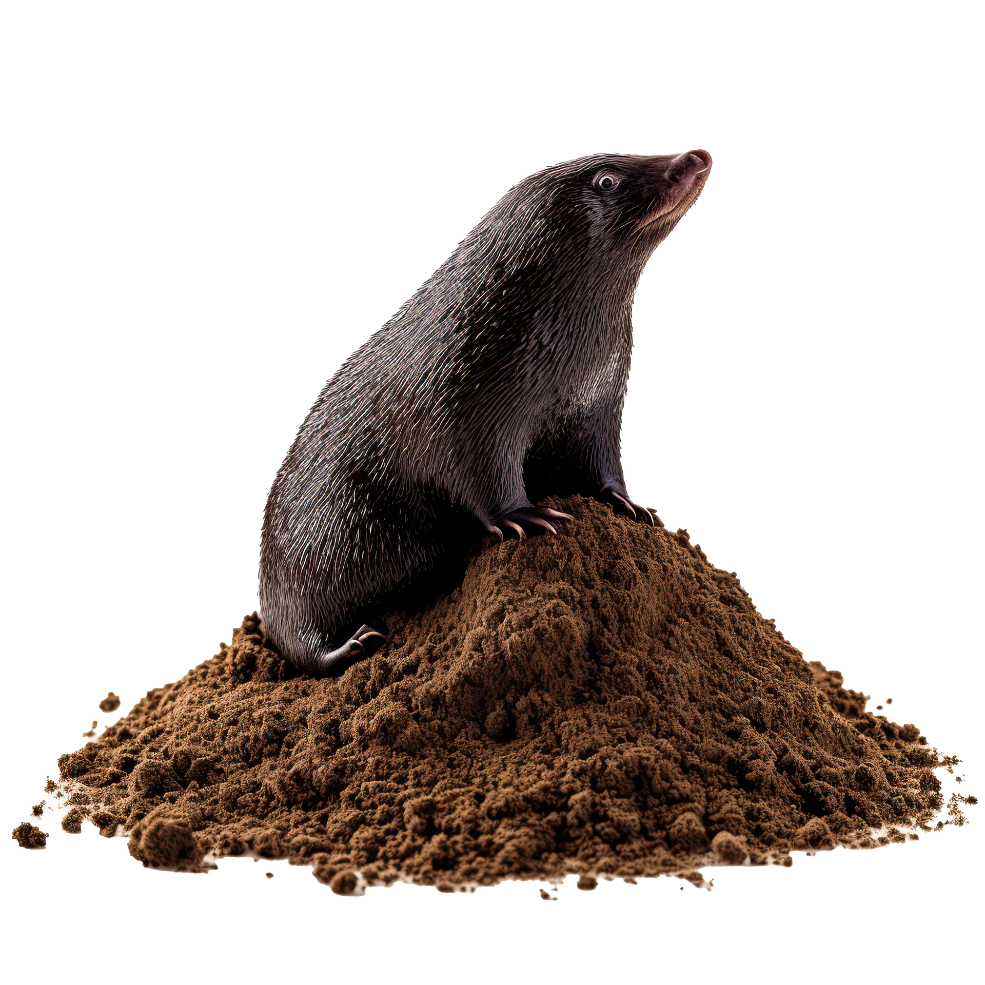 Taupe assise sur un monticule de terre, regardant vers le haut.