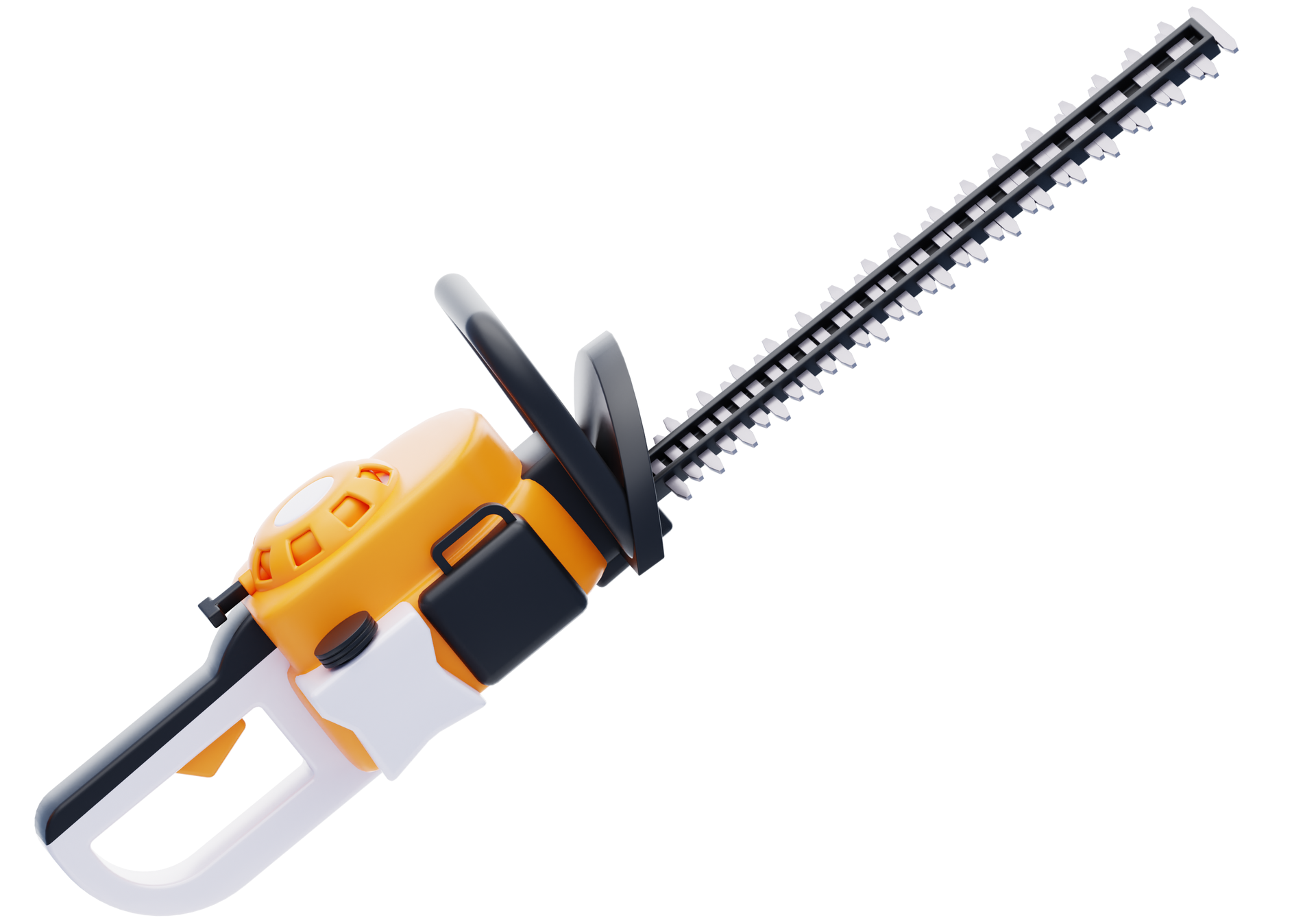 Tronçonneuse orange et blanche avec des détails noirs.