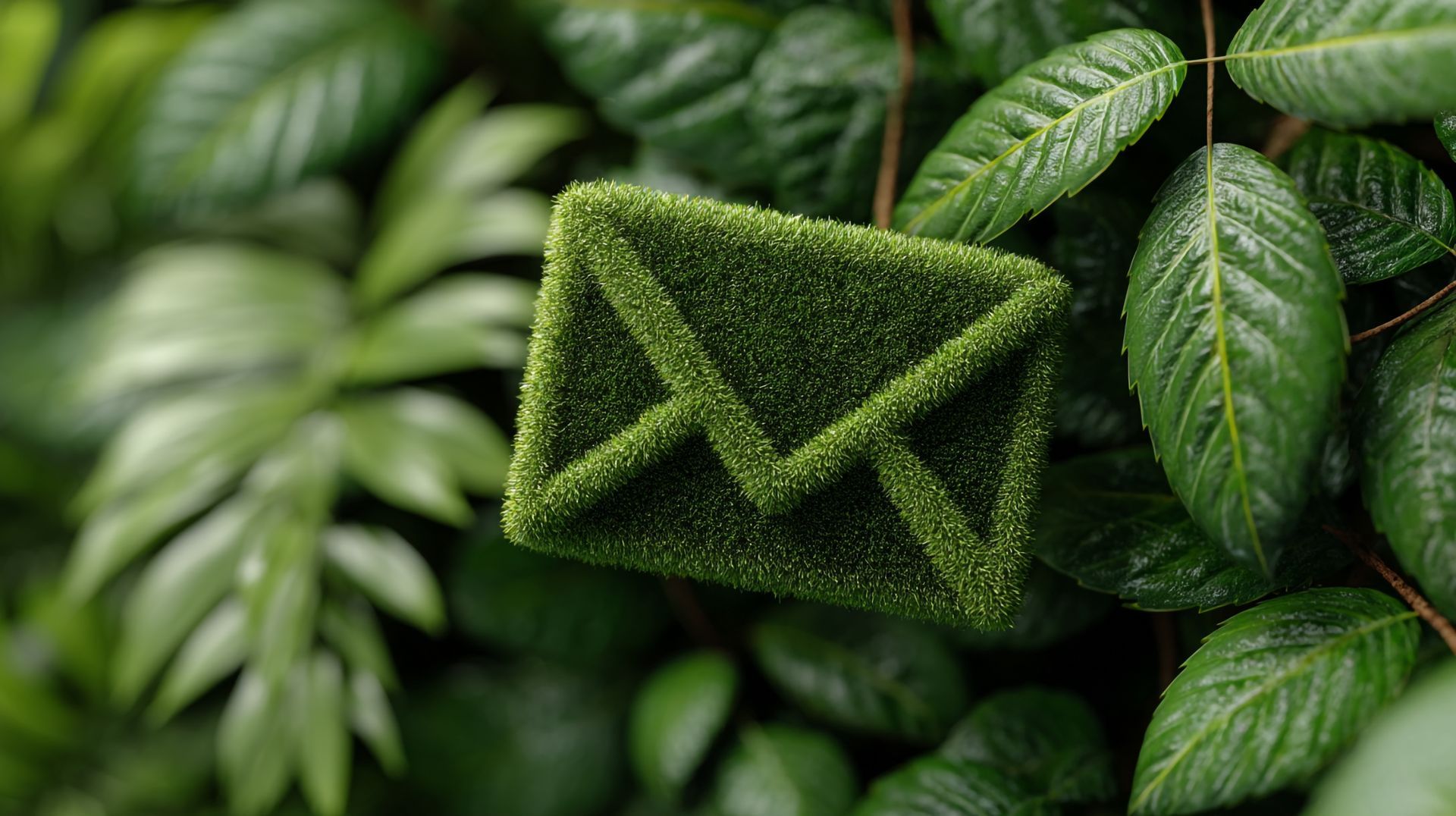 Enveloppe verte faite de mousse dans un feuillage vert luxuriant.