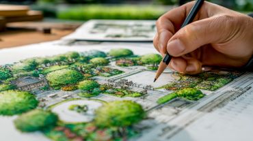 Dessin à la main d'un paysage détaillé au crayon.