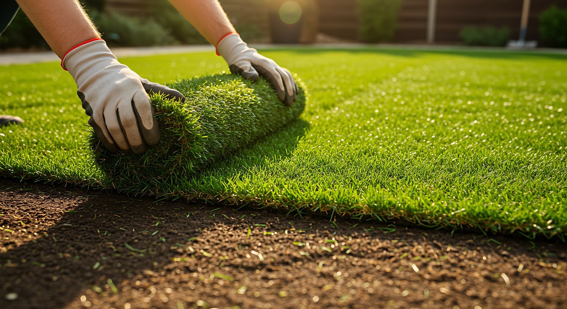 Une personne déroule un rouleau de gazon frais sur une pelouse ensoleillée.