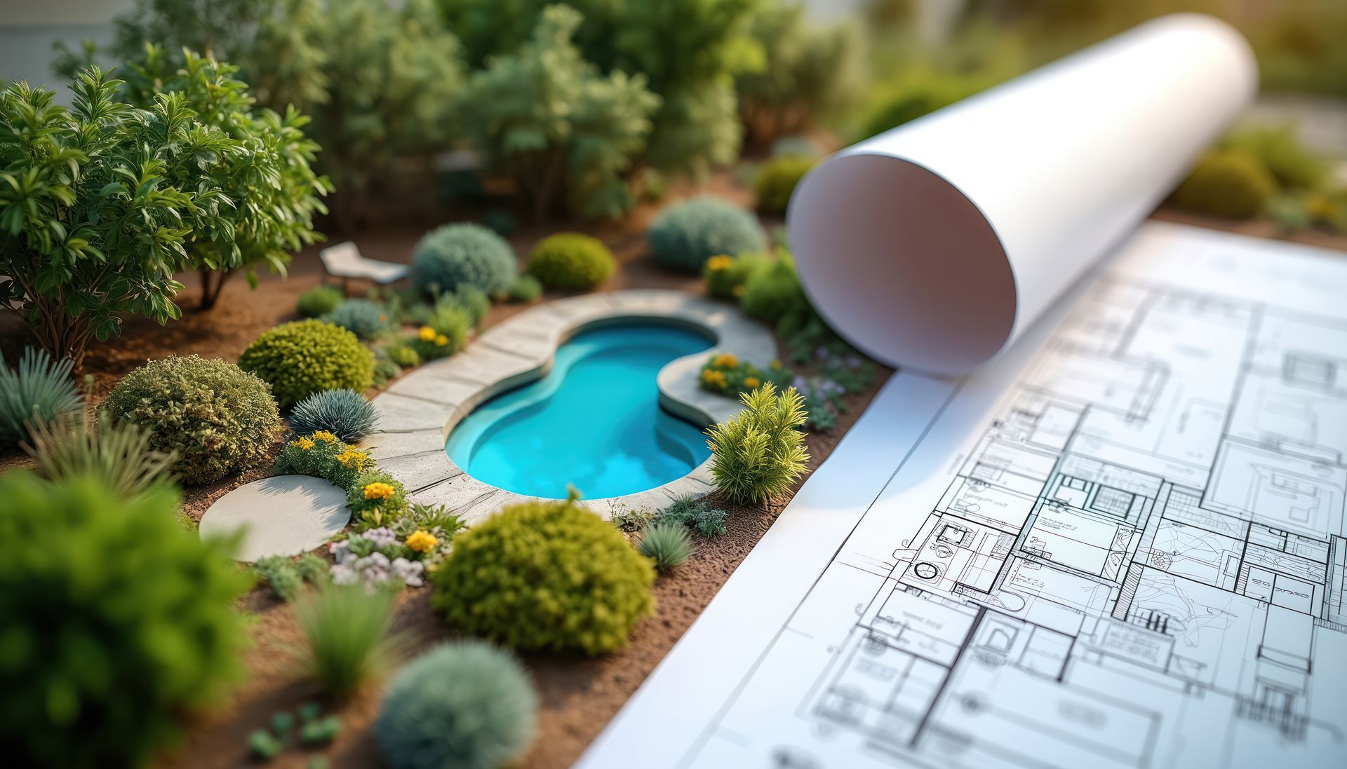 Jardin miniature avec piscine bleue et plans architecturaux.