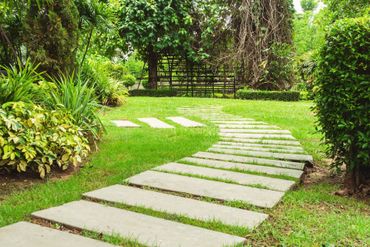 Un chemin de pierre serpente à travers un jardin verdoyant luxuriant, planté d'arbres et d'arbustes.